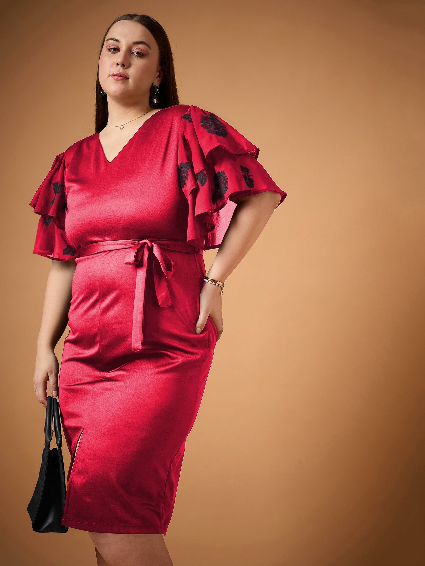 Women Red Frill Sleeves Midi Dress