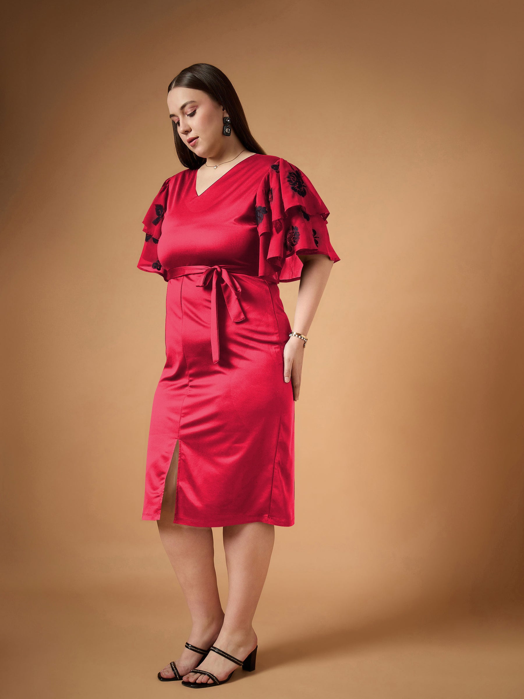 Women Red Frill Sleeves Midi Dress