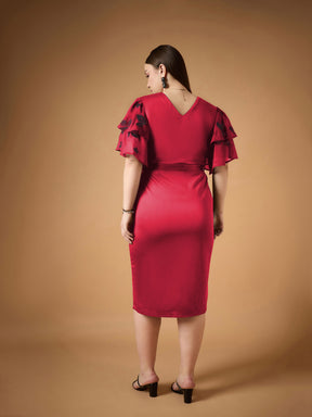 Women Red Frill Sleeves Midi Dress