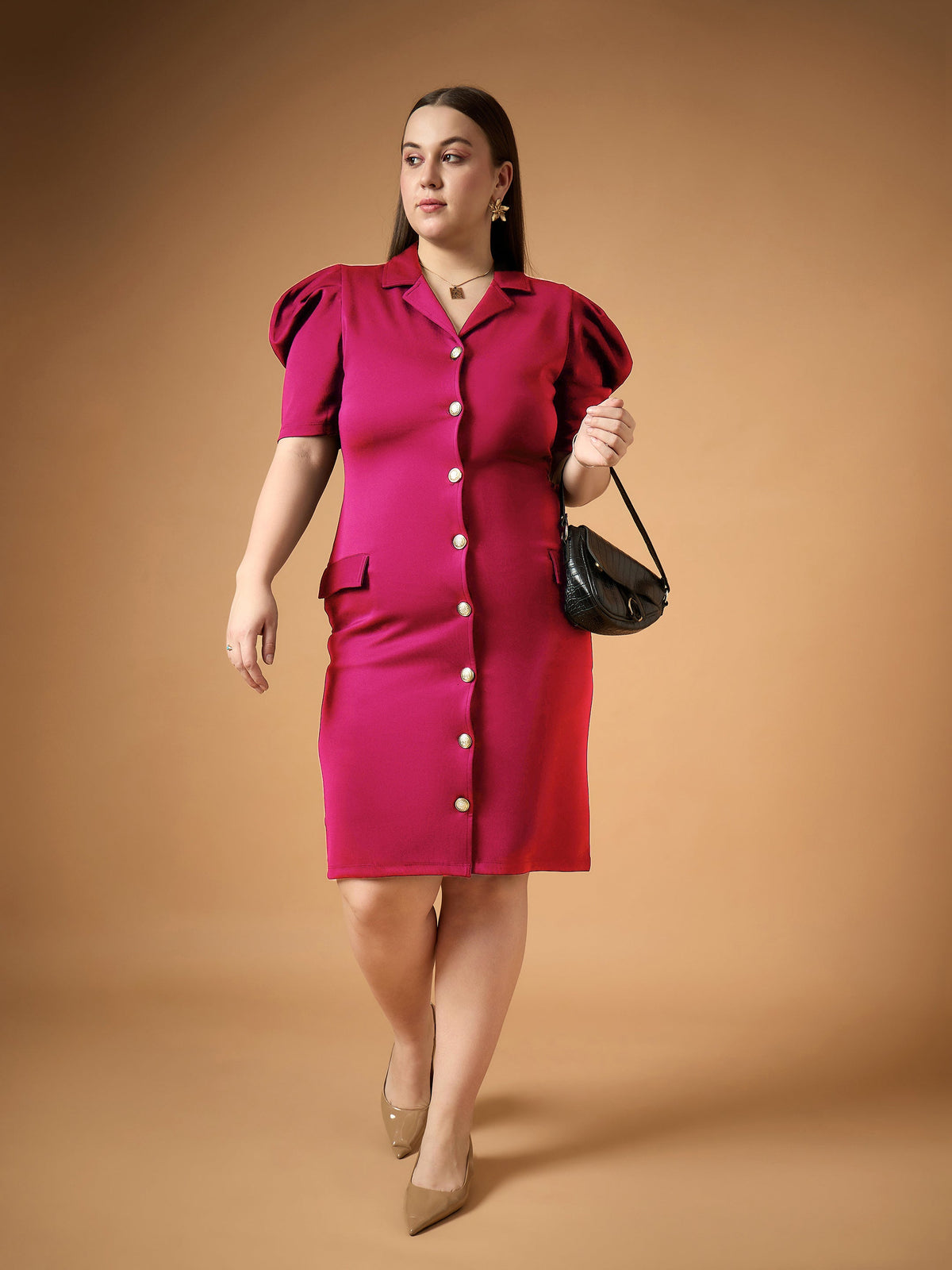 Fuchsia Front Button Midi Dress-SASSAFRAS Curve