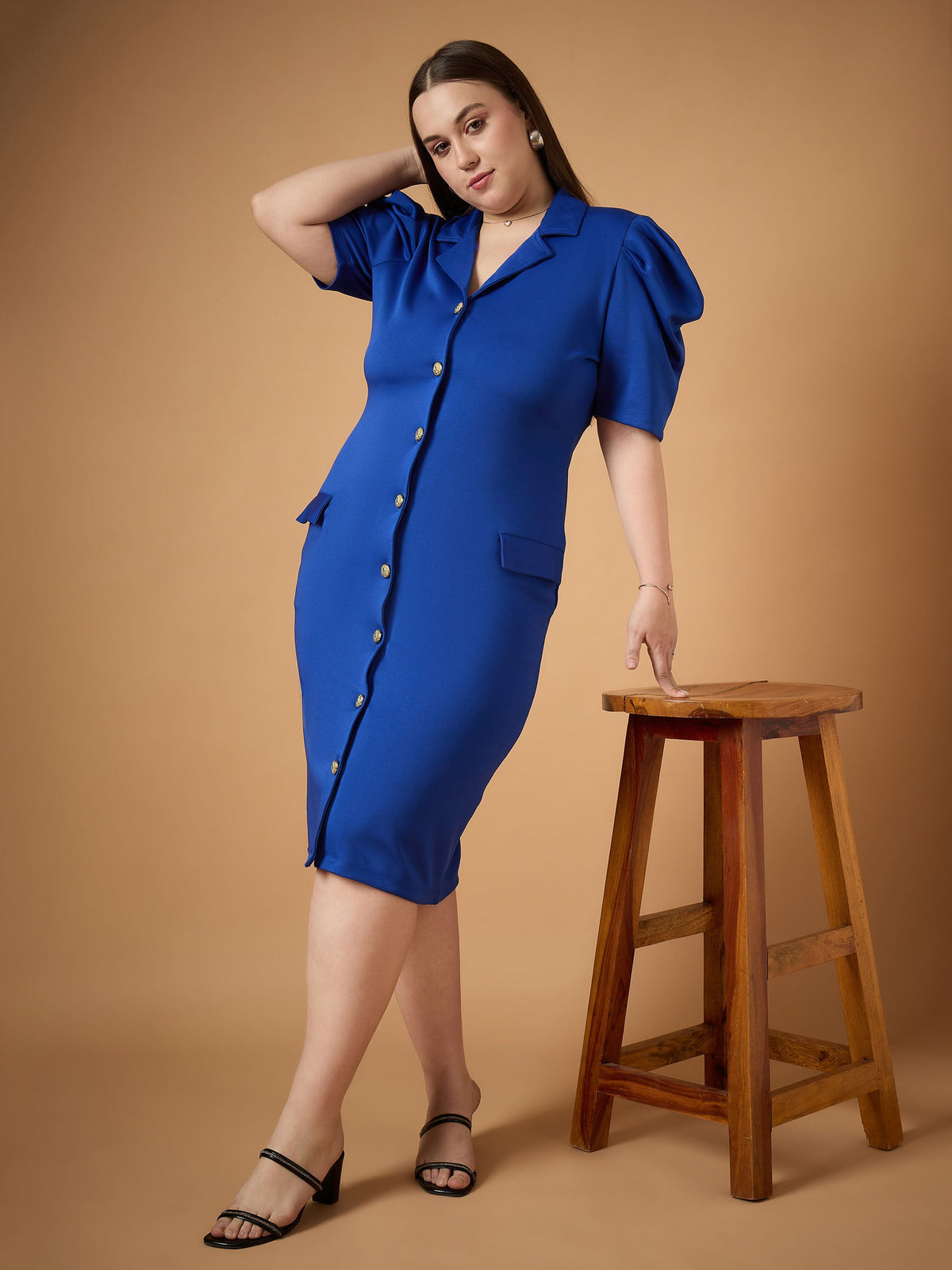 Royal Blue Front Button Midi Dress -SASSAFRAS Curve