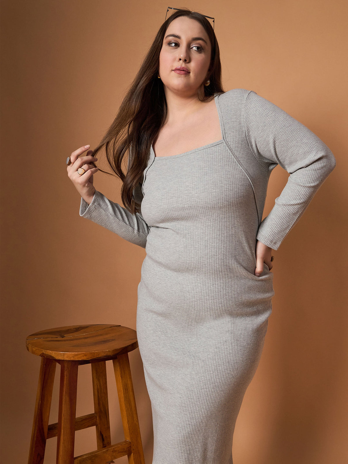 Grey Mélange Rib Full Sleeves Midi Dress-SASSAFRAS Curve