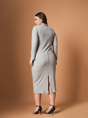 Grey Mélange Rib Full Sleeves Midi Dress-SASSAFRAS Curve