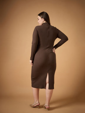 Brown Rib High Neck Midi Dress-SASSAFRAS Curve