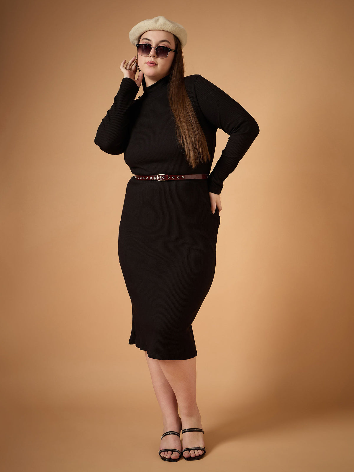 Black Rib High Neck Midi Dress-SASSAFRAS Curve