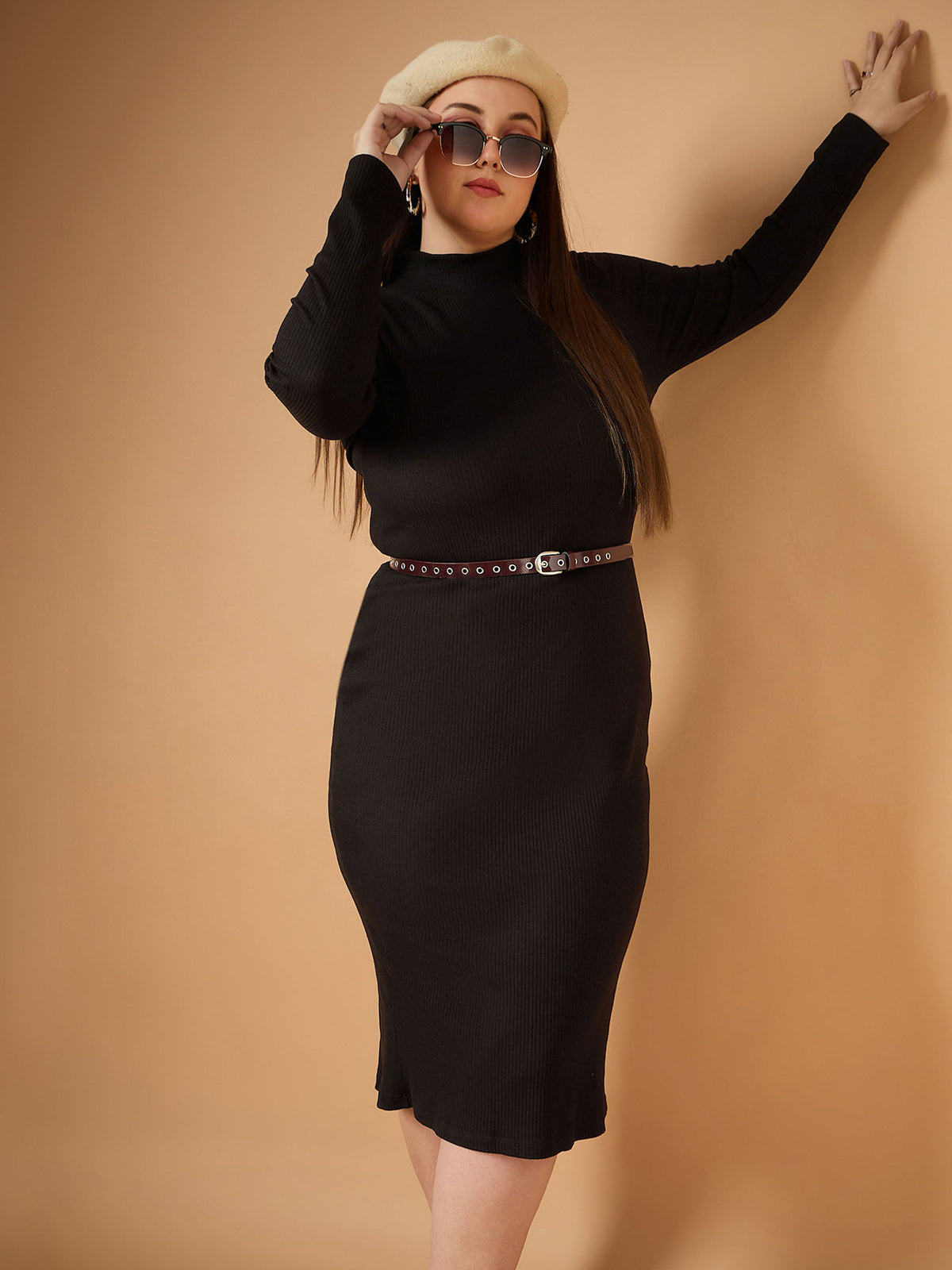 Black Rib High Neck Midi Dress-SASSAFRAS Curve