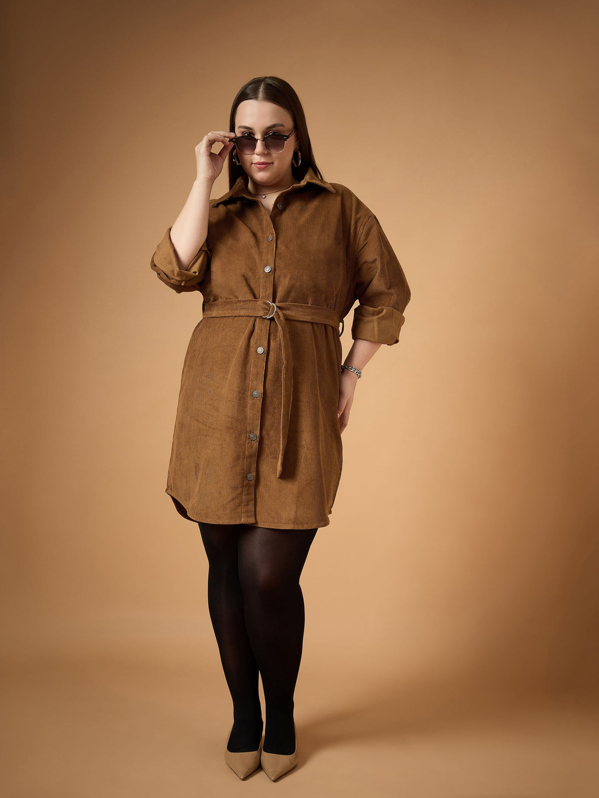 Brown Corduroy Front Button Dress-SASSAFRAS Curve