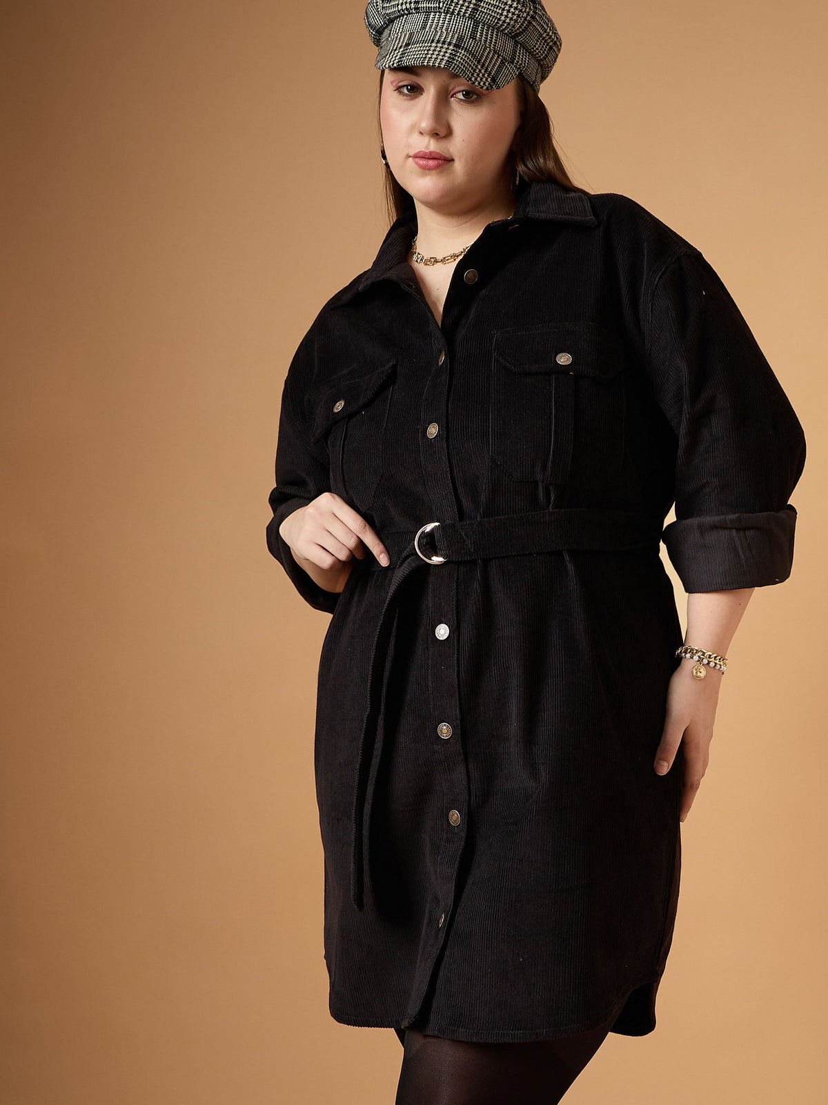 Black Corduroy Front Button Dress-SASSAFRAS Curve