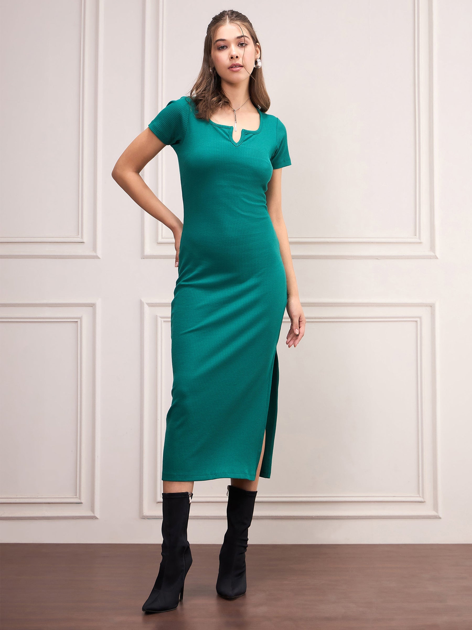 Bottle Green Rib V-Neck Midi Dress-SASSAFRAS