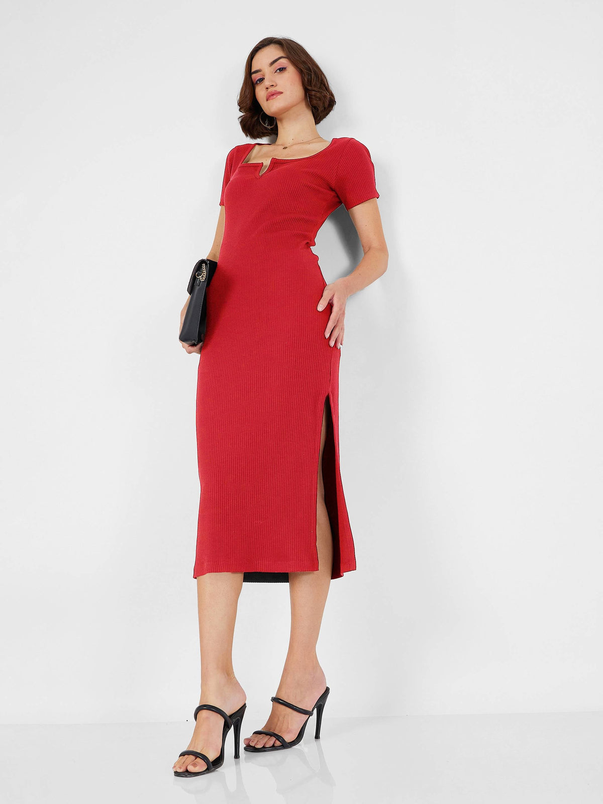 Red Rib V-Neck Midi Dress-SASSAFRAS