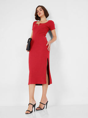 Red Rib V-Neck Midi Dress-SASSAFRAS