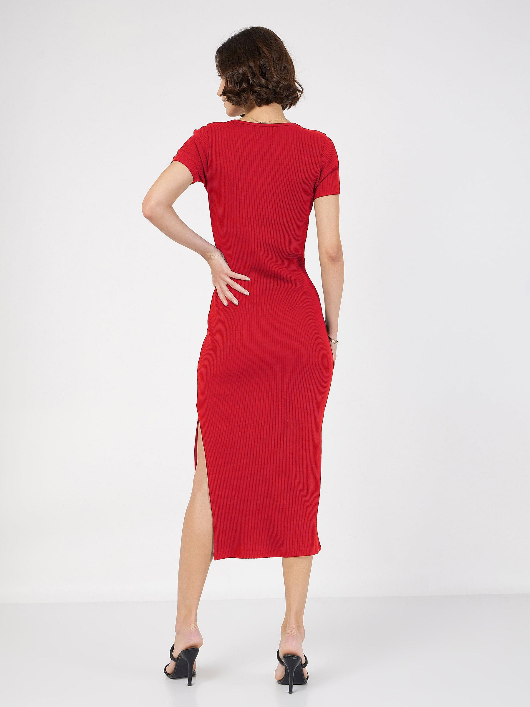 Red Rib V-Neck Midi Dress-SASSAFRAS