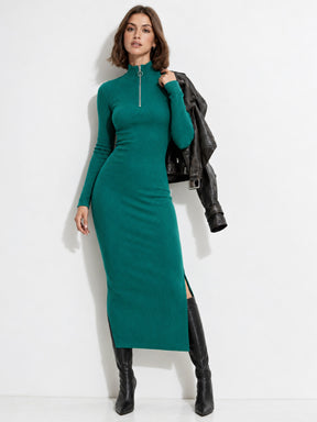 Women Bottle Green Rib High Neck Front Zipper Dress