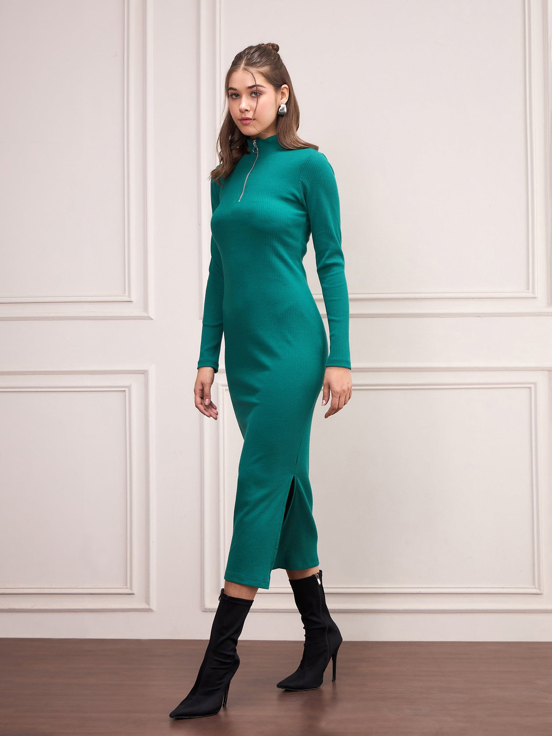 Bottle Green Rib High Neck Front Zipper Dress-SASSAFRAS