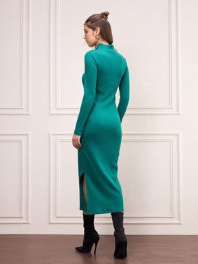 Bottle Green Rib High Neck Front Zipper Dress-SASSAFRAS