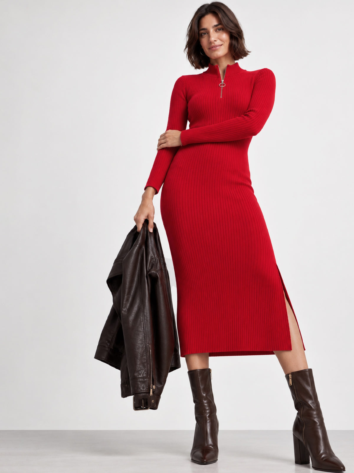 Women Red Rib High Neck Front Zipper Dress