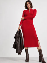 Women Red Rib High Neck Front Zipper Dress