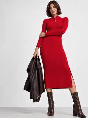 Women Red Rib High Neck Front Zipper Dress