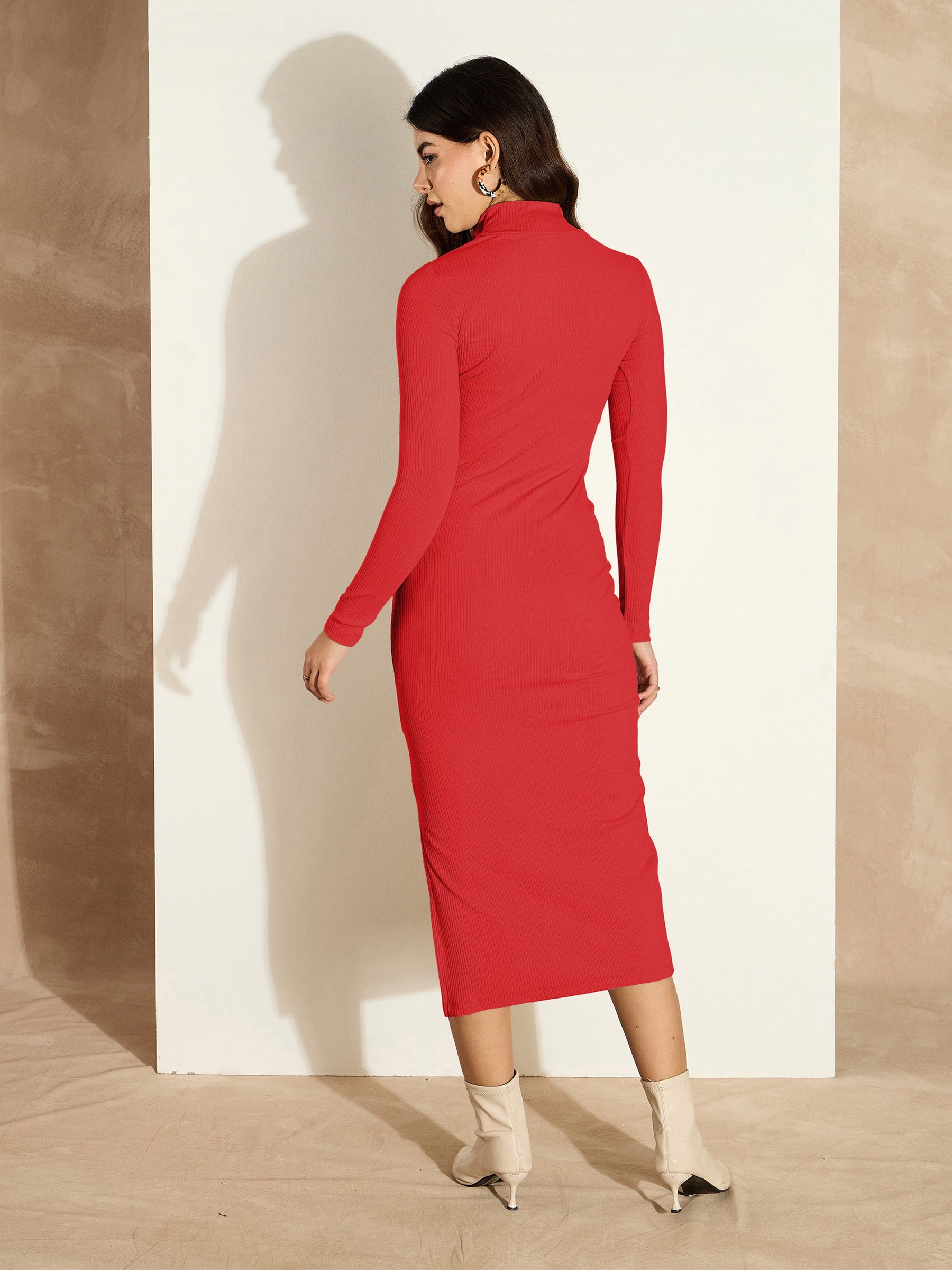 Red Rib High Neck Front Zipper Dress-SASSAFRAS