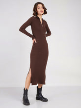 Dark Brown Rib High Neck Front Zipper Dress-SASSAFRAS