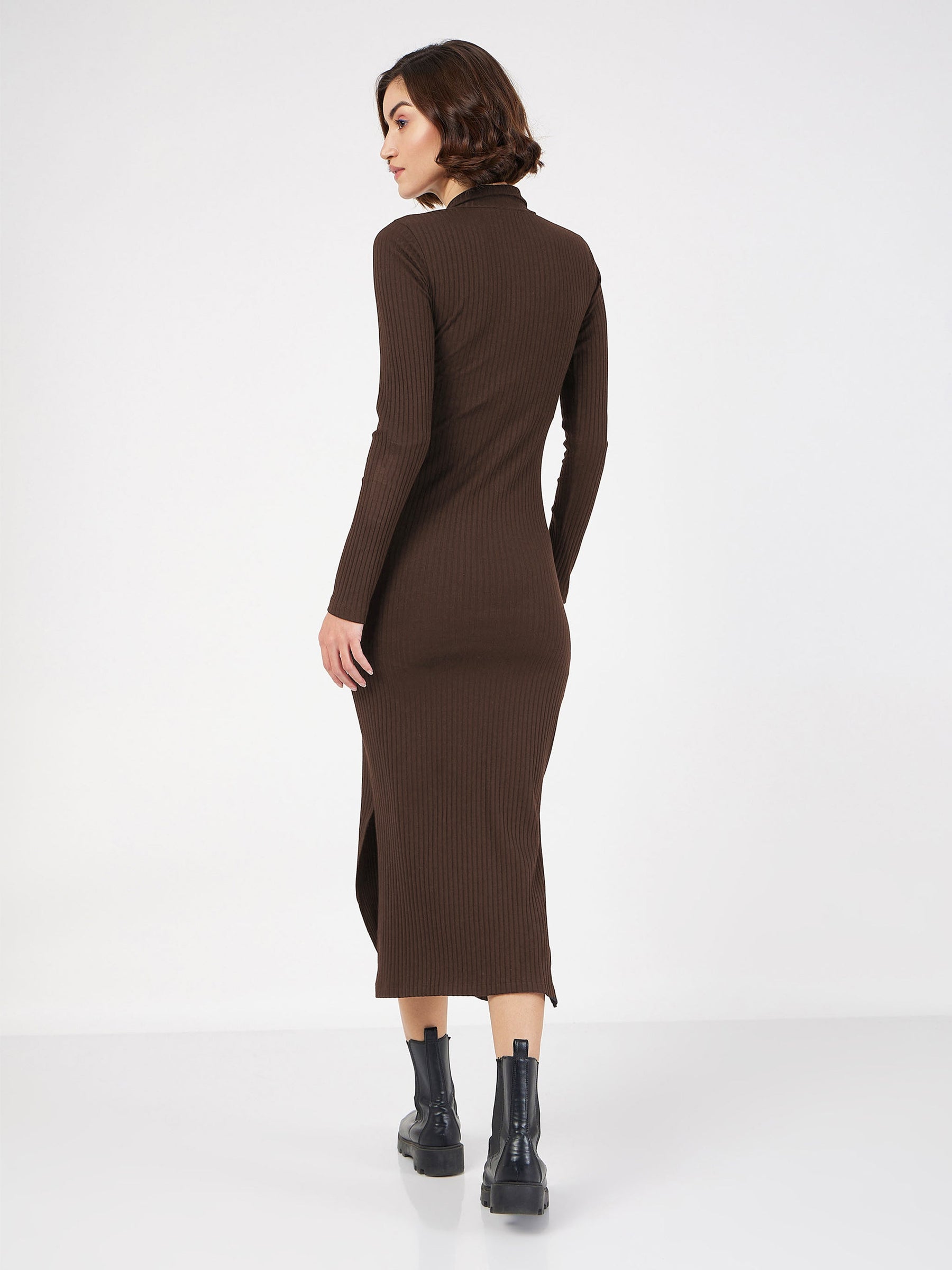 Dark Brown Rib High Neck Front Zipper Dress-SASSAFRAS