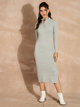 Grey Melange Rib High Neck Front Zipper Dress-SASSAFRAS