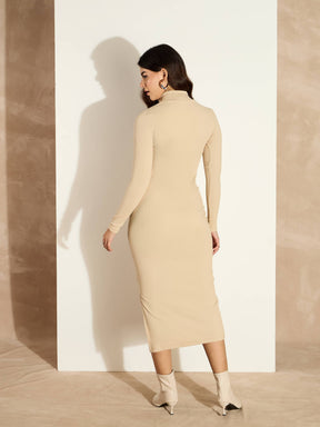 Beige Rib High Neck Front Zipper Dress-SASSAFRAS