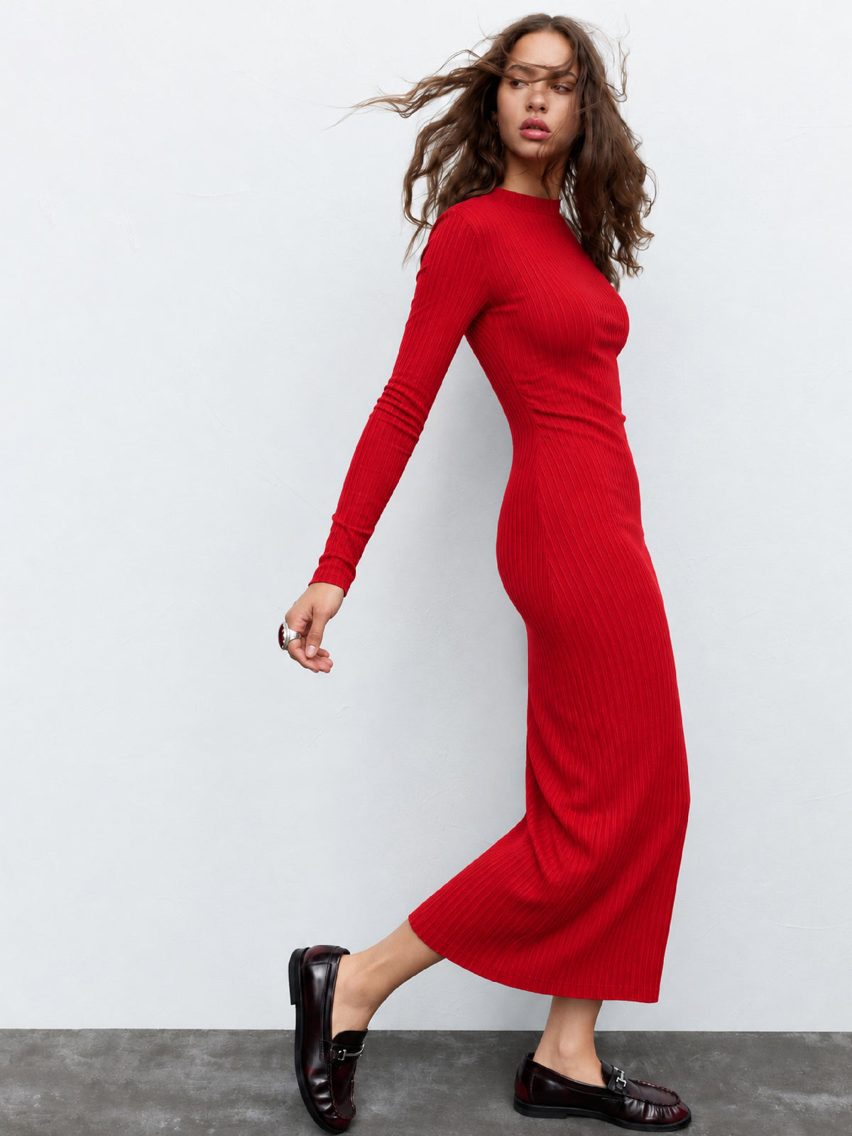 Women Red Rib Bodycon Full Sleeves Midi Dress