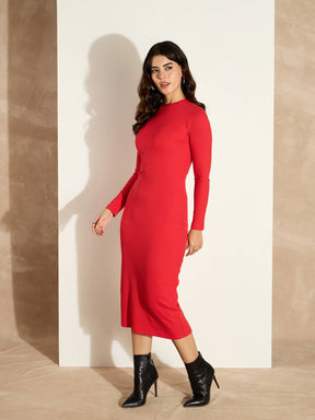 Red Rib Bodycon Full Sleeves Midi Dress-SASSAFRAS