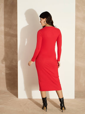 Red Rib Bodycon Full Sleeves Midi Dress-SASSAFRAS