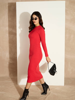 Red Rib Bodycon Full Sleeves Midi Dress-SASSAFRAS