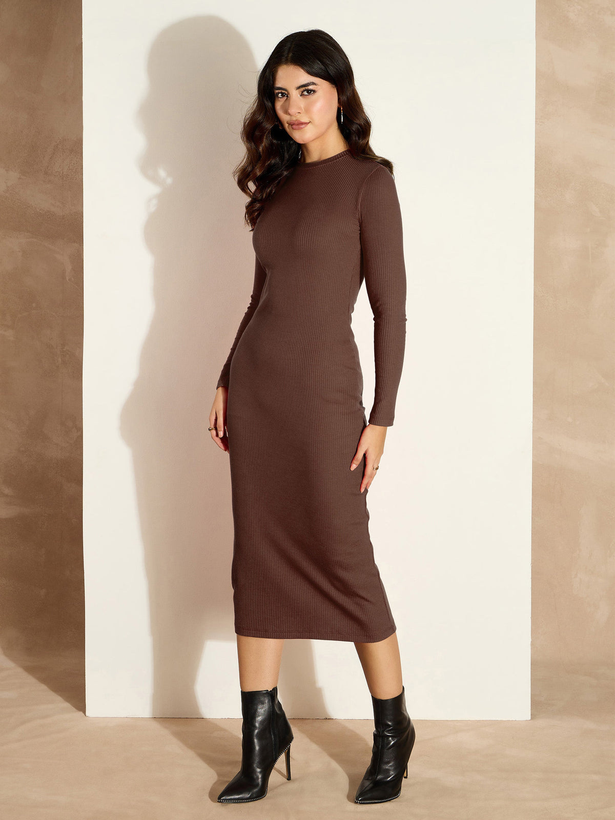 Dark Brown Rib Bodycon Full Sleeves Midi Dress-SASSAFRAS