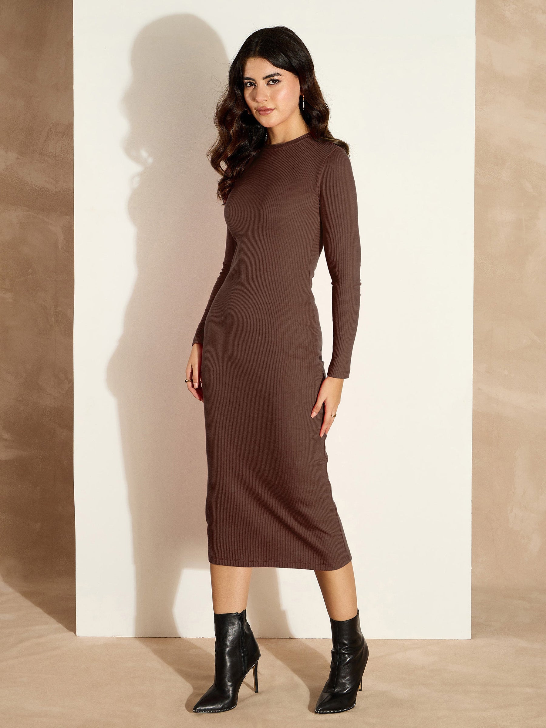 Buy Women Dark Brown Rib Bodycon Full Sleeves Midi Dress Online at Best Price - Sassafras Buy Women Dark Brown Rib Bodycon Full Sleeves Midi Dress Online at Best Price - Sassafras