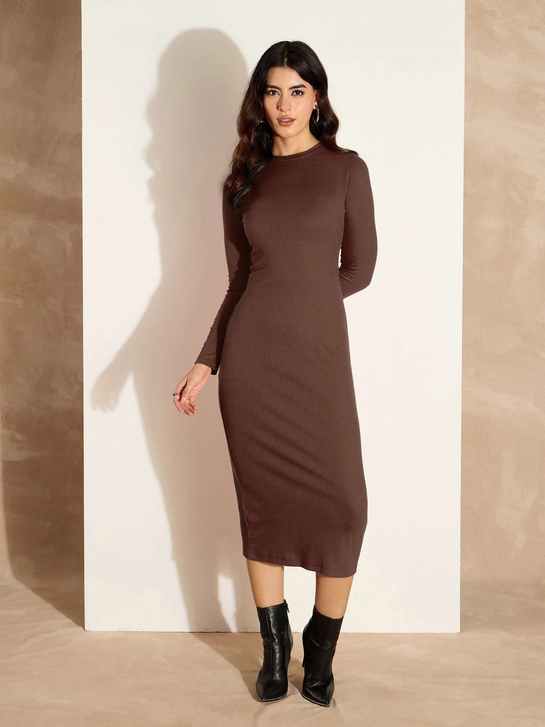 Buy Women Dark Brown Rib Bodycon Full Sleeves Midi Dress Online at Best Price - Sassafras Buy Women Dark Brown Rib Bodycon Full Sleeves Midi Dress Online at Best Price - Sassafras