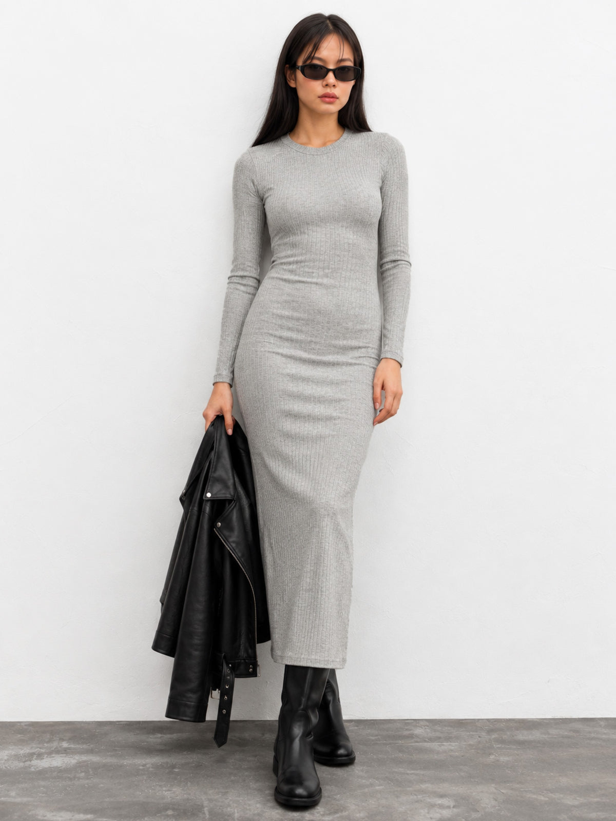 Women Grey Melange Rib Bodycon Full Sleeves Midi Dress
