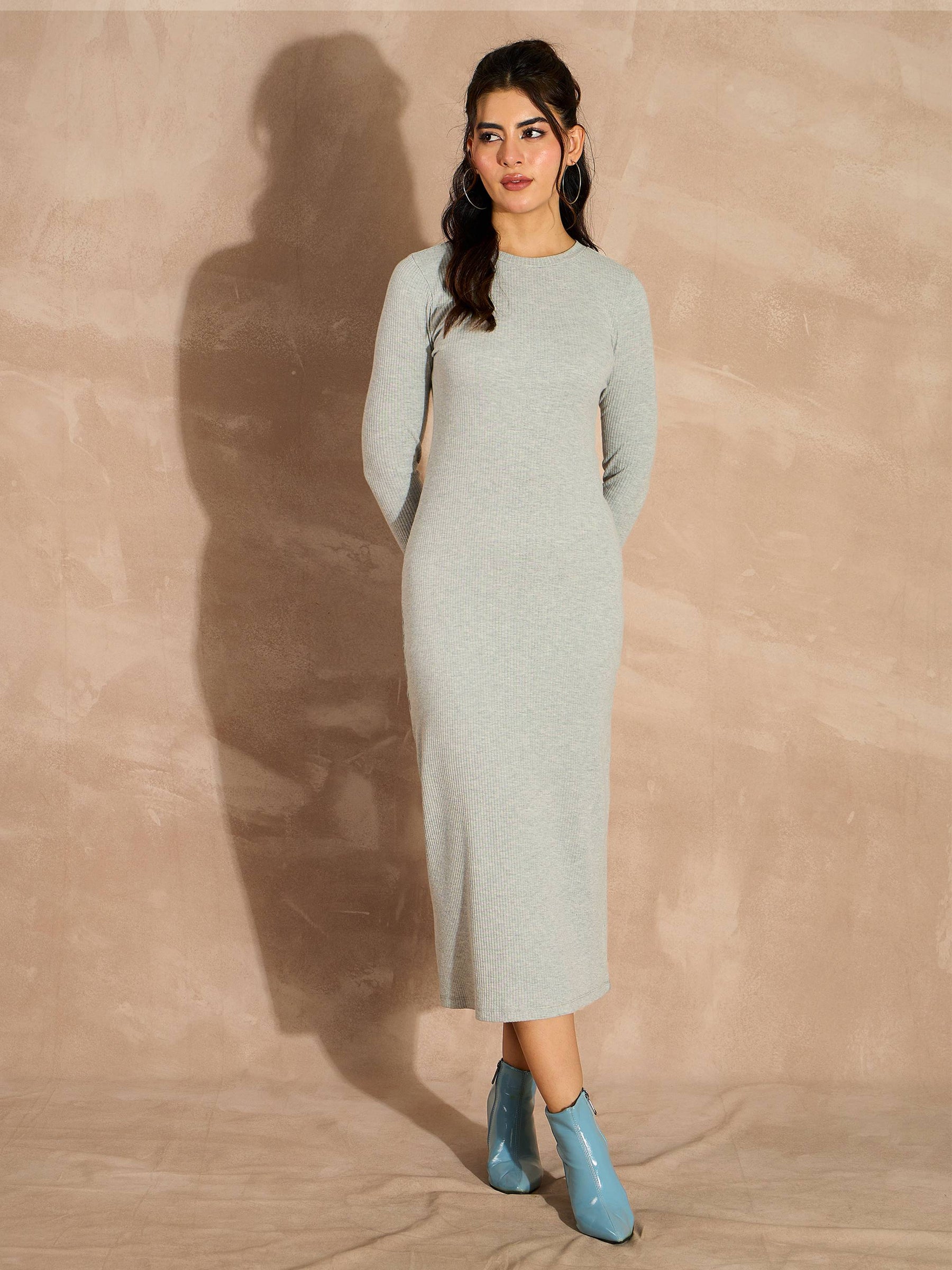 Grey Melange Rib Bodycon Full Sleeves Midi Dress-SASSAFRAS