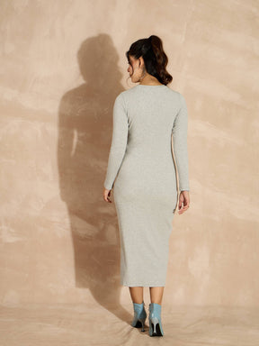 Grey Melange Rib Bodycon Full Sleeves Midi Dress-SASSAFRAS