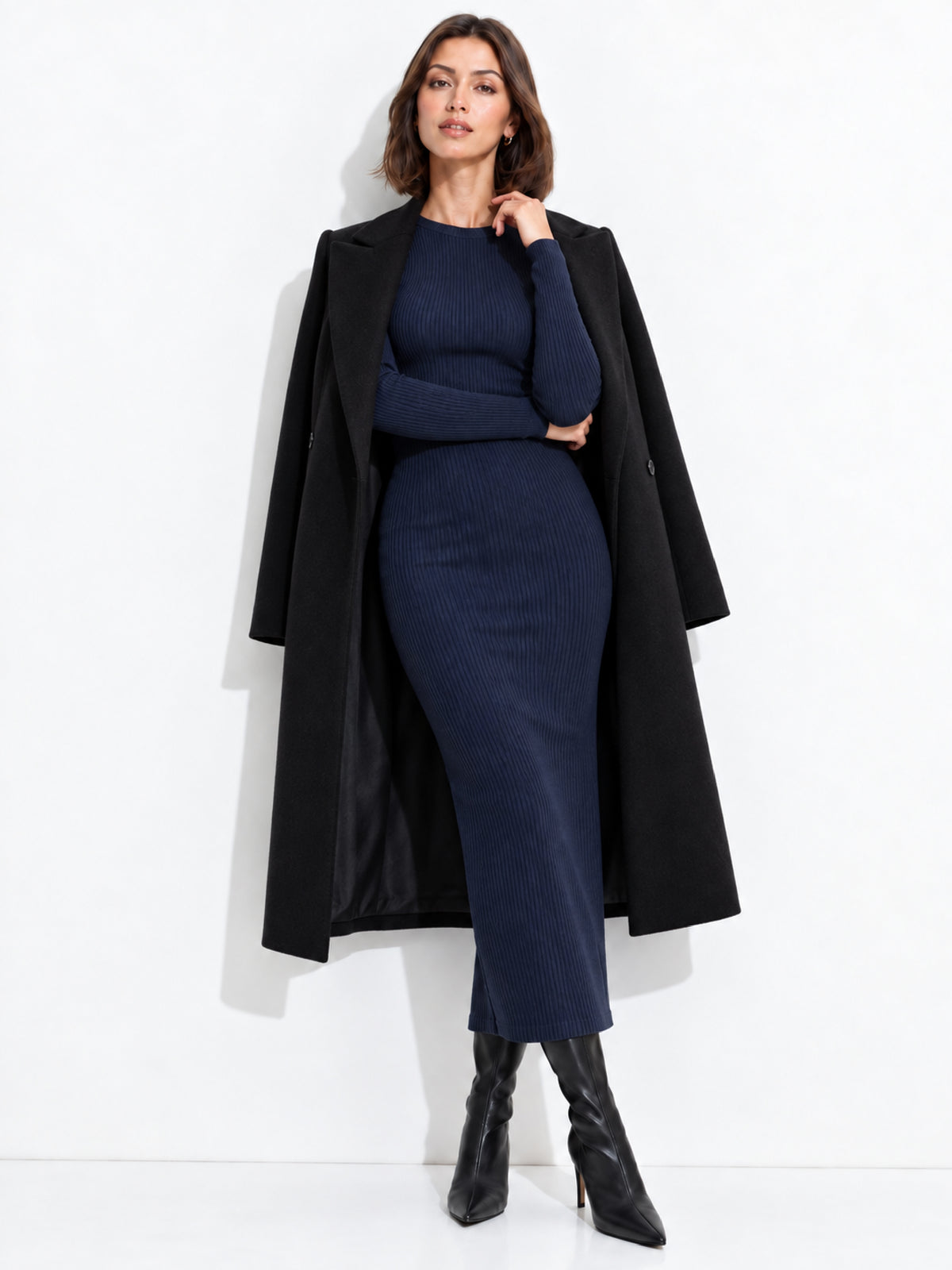 Women Navy Blue Rib Bodycon Full Sleeves Midi Dress