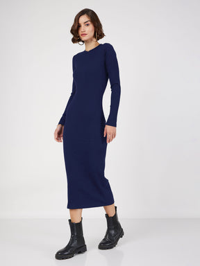 Navy Blue Rib Bodycon Full Sleeves Midi Dress-SASSAFRAS