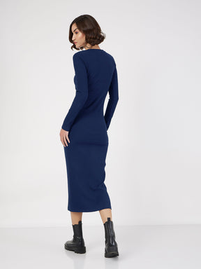 Navy Blue Rib Bodycon Full Sleeves Midi Dress-SASSAFRAS