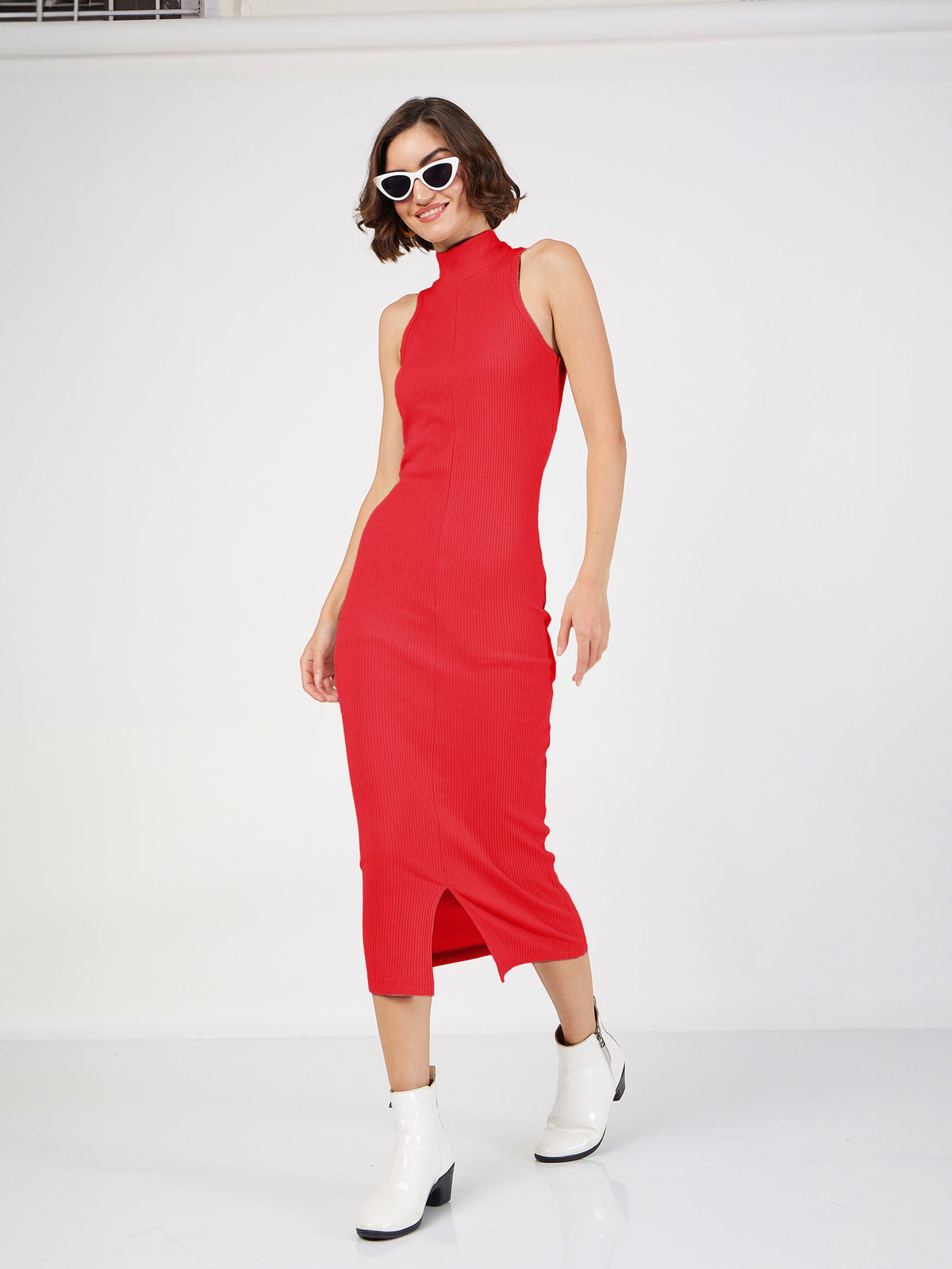 Red Rib Turtle Neck Sleeveless Midi Dress-SASSAFRAS