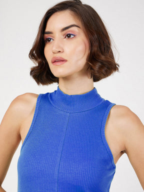 Royal Blue Rib Turtle Neck Sleeveless Midi Dress-SASSAFRAS