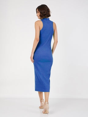 Royal Blue Rib Turtle Neck Sleeveless Midi Dress-SASSAFRAS