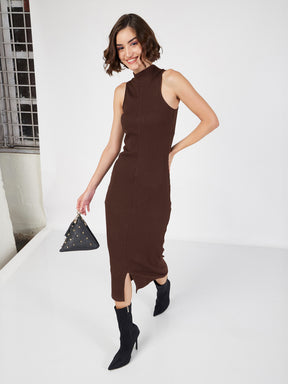 Women Dark Brown Rib Turtle Neck Sleeveless Midi Dress