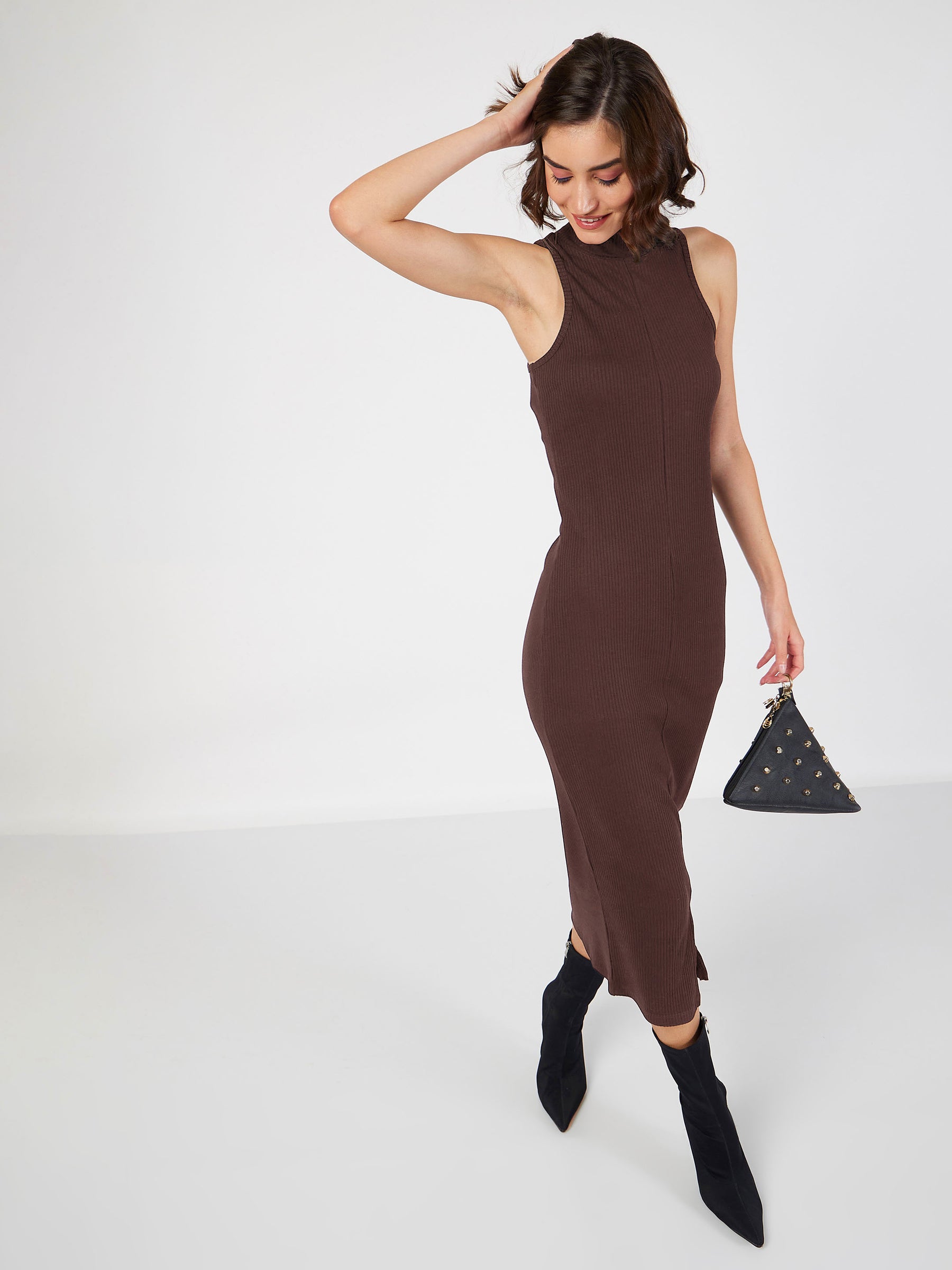 Women Dark Brown Rib Turtle Neck Sleeveless Midi Dress