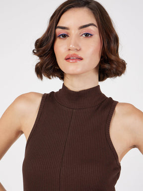 Women Dark Brown Rib Turtle Neck Sleeveless Midi Dress