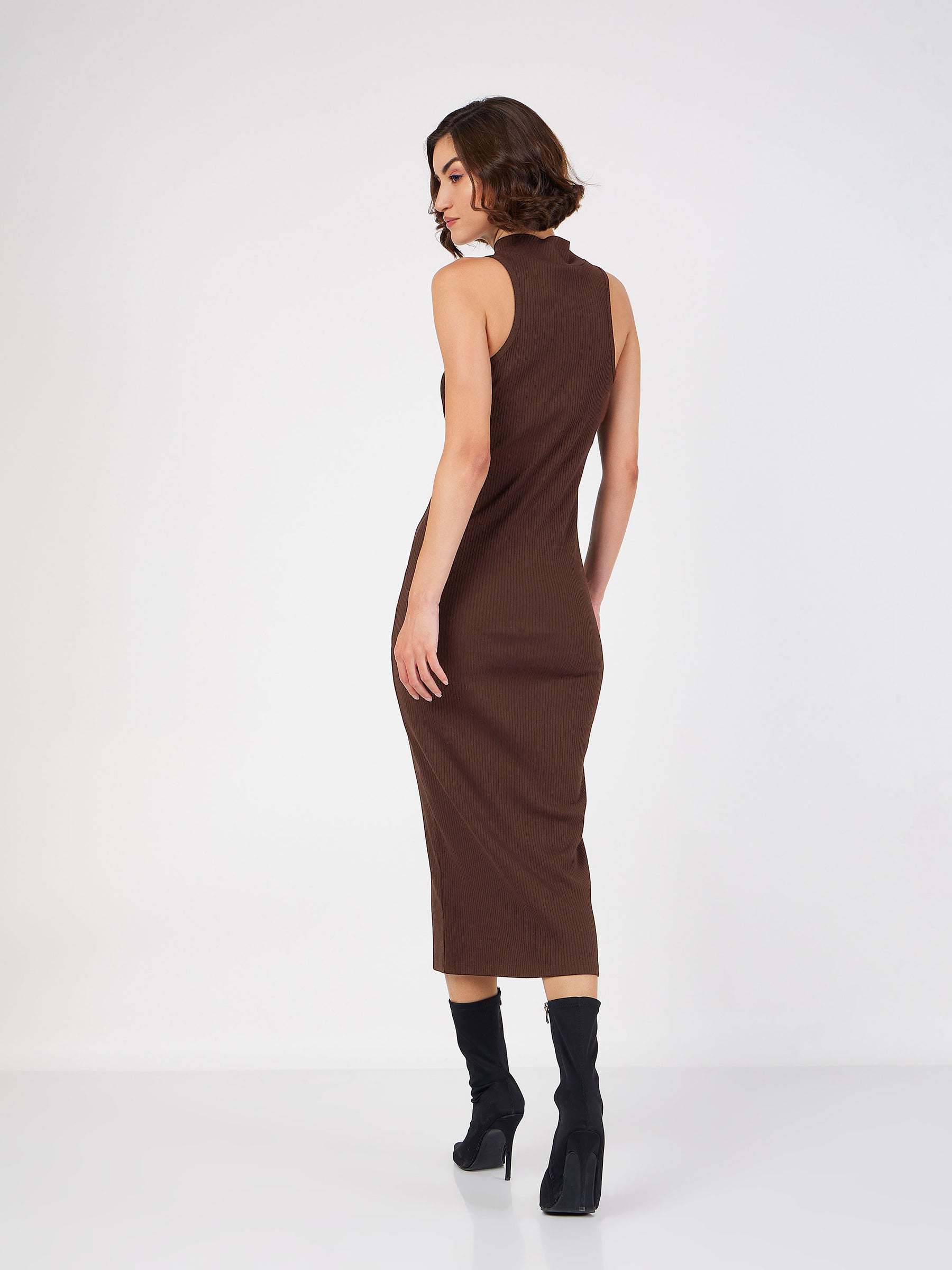 Women Dark Brown Rib Turtle Neck Sleeveless Midi Dress