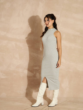 Grey Melange Rib Turtle Neck Sleeveless Midi Dress-SASSAFRAS