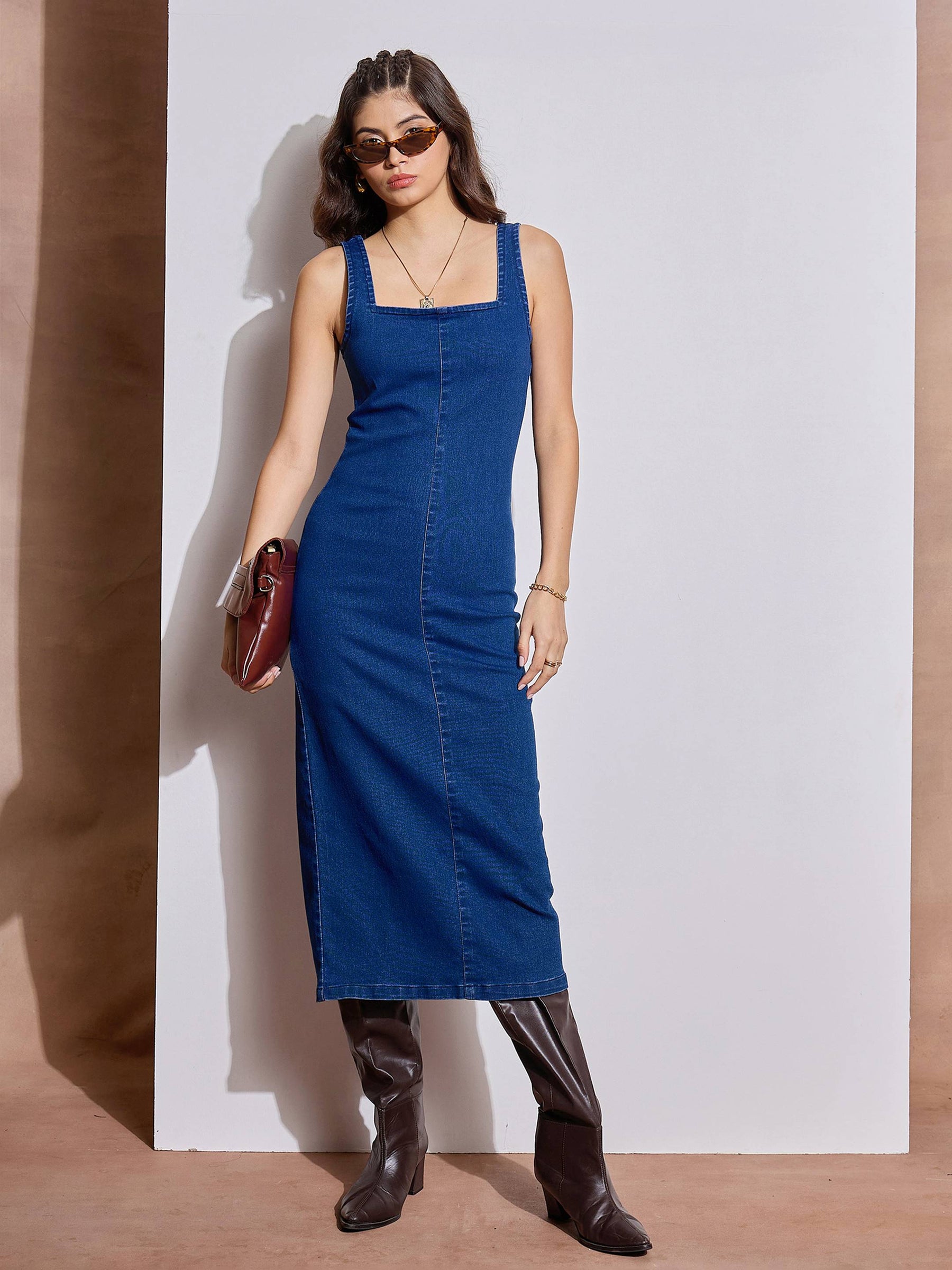 Buy Navy Blue Denim Strappy Midi Dress Online At Best Price