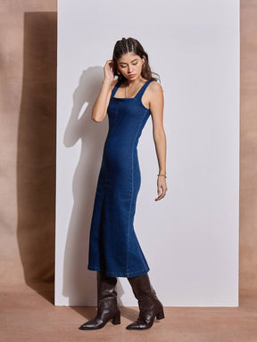 Navy Blue Denim Strappy Midi Dress-SASSAFRAS